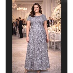 Alex Evenings 16 Petite Rosette Lace Gown A-Line Short Sleeve Gray Sequin Formal